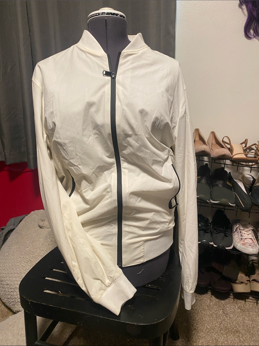 Zara Cream Lightweight Bomber Jacket with Black Zip Detail